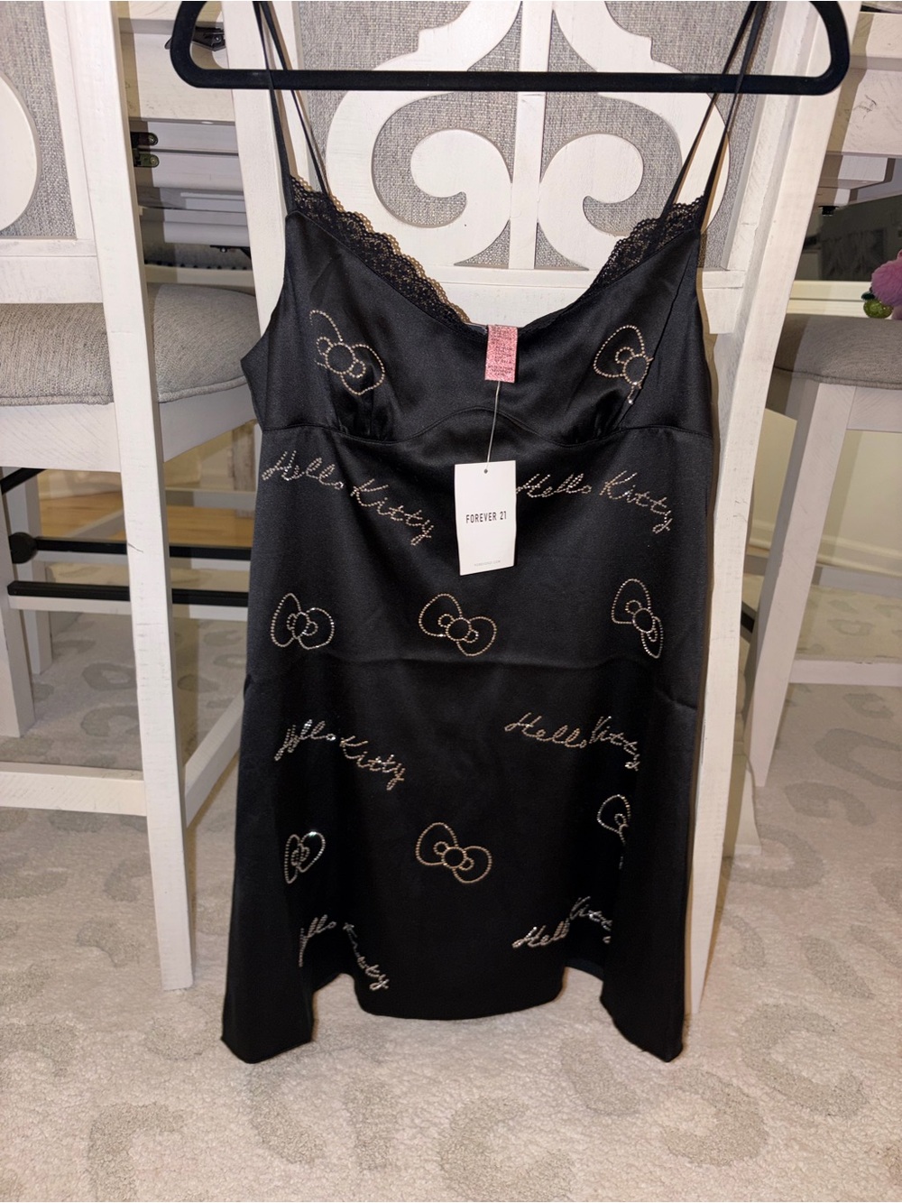 Forever 21 Black Satin Hello Kitty Embroidered Slip